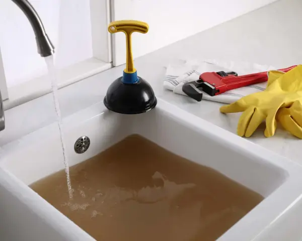 Acqua sporca ristagna in un lavandino bagno otturato. Attrezzi per lo spurgo: sturalavandini, chiave inglese e guanti gialli.