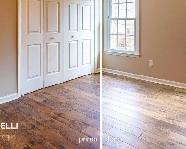 Parquet prima e dopo: un confronto visivo che mostra l'effetto dell'ossidazione sul legno, trasformando il colore e la texture.