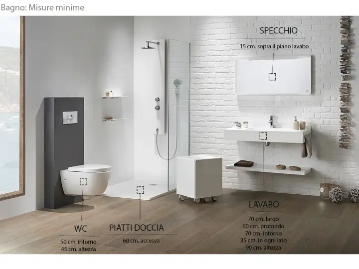 Bagno moderno con WC sospeso (altezza 45 cm), piatto doccia e lavabo (altezza 90 cm).