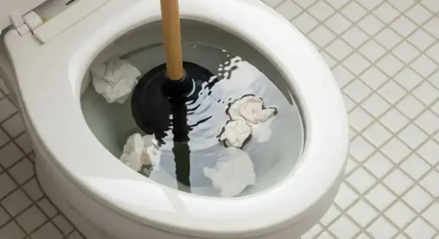 Sturare la vasca da bagno in modo naturale: un water intasato con carta igienica e uno sturalavandini pronto all'uso.