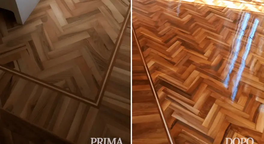 Parquet prima e dopo il trattamento: scopri come togliere la cera dal parquet verniciato per un risultato brillante e protetto.