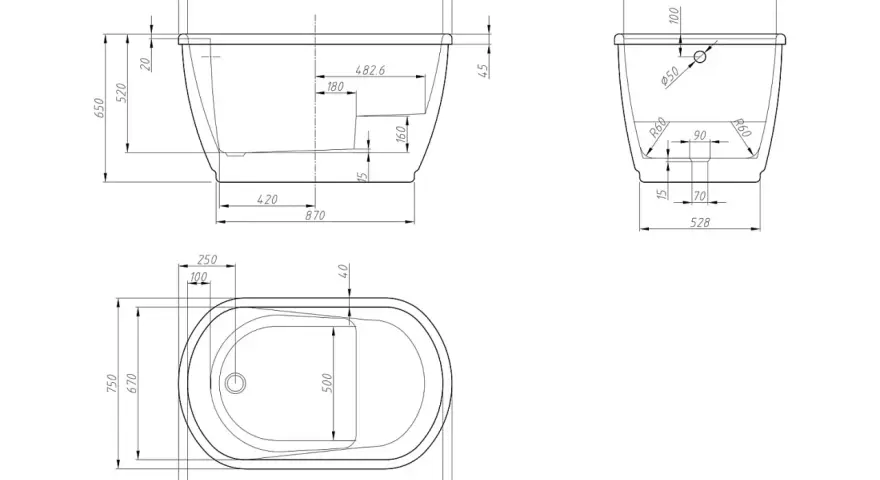 Disegno tecnico per l'installazione vasca da bagno freestanding. Dimensioni e dettagli costruttivi.