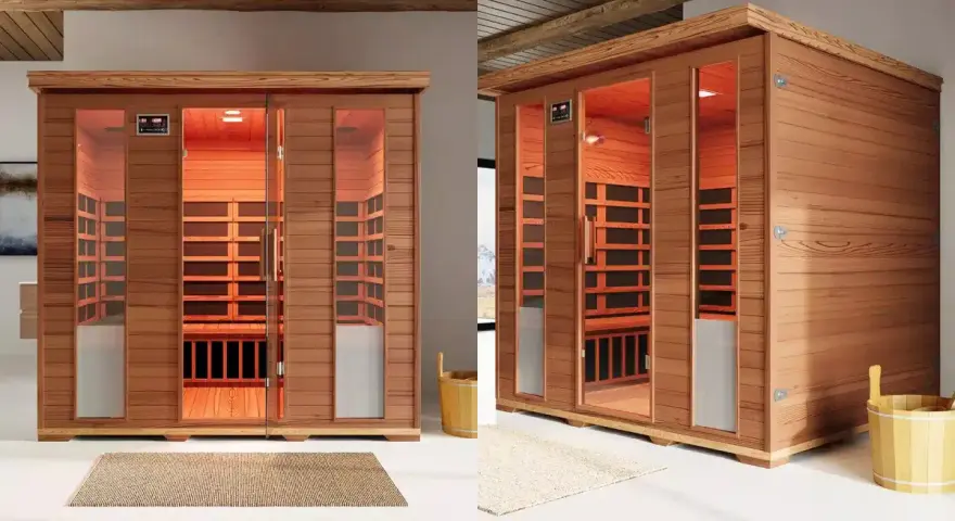 Sauna a infrarossi moderna, con pannelli in legno e porte in vetro. Scopri i benefici per il benessere e il relax.