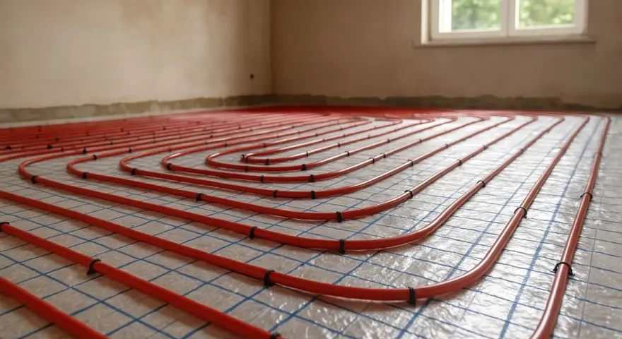 Sistema di riscaldamento a pavimento con tubi rossi disposti a spirale su una griglia blu. L'installazione è pronta per il massetto, garantendo un comfort termico ottimale.