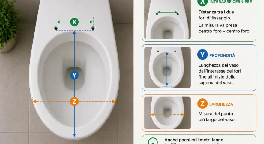 Guida alle copriwater misure: interasse cerniere (X), profondità (Y) e larghezza (Z) per una scelta compatibile.