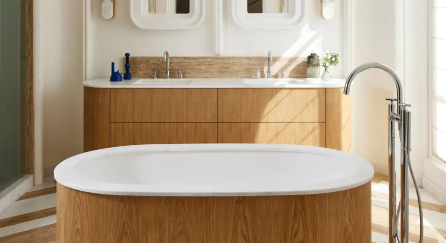 Una vasca da bagno di lusso con finiture in legno e marmo, rubinetteria cromata e un mobile doppio lavabo in legno.