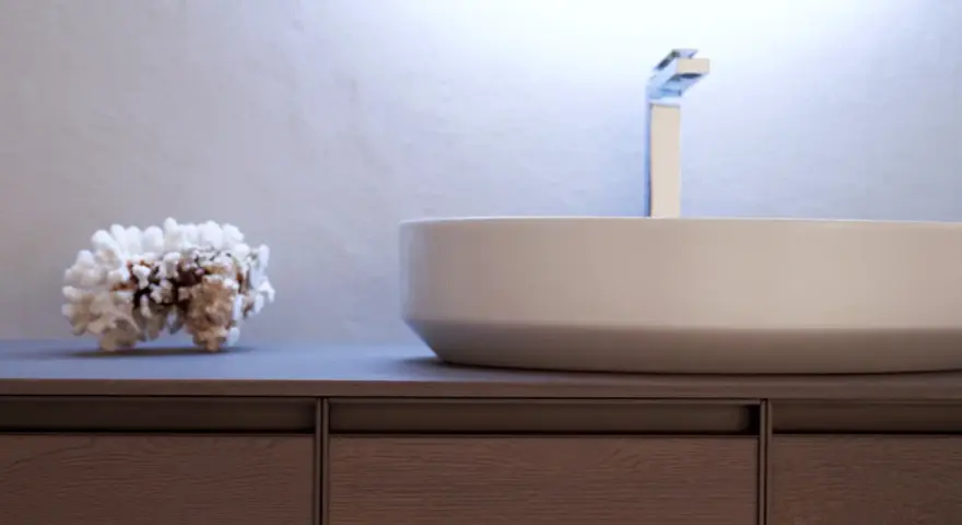 Un moderno lavabo bianco su un mobile in legno scuro, con un pezzo di corallo come decorazione.
