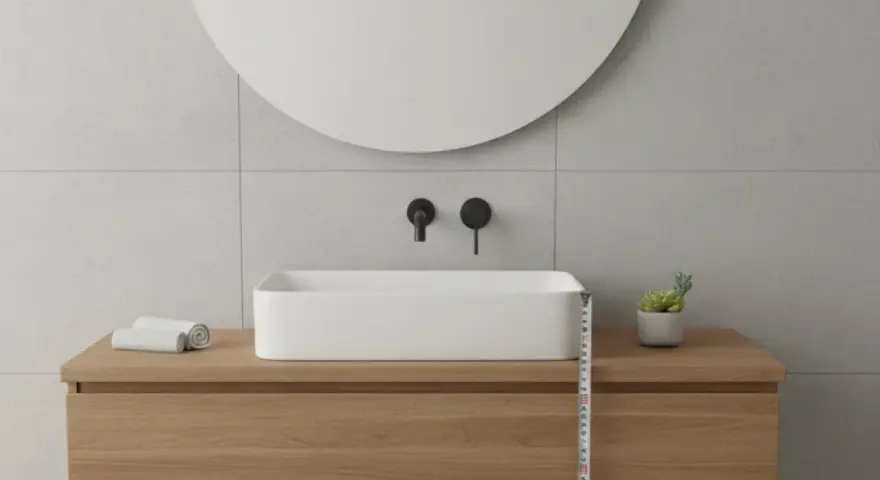 Misurazione dell'altezza lavabo da terra in un bagno moderno con mobile in legno e specchio rotondo.