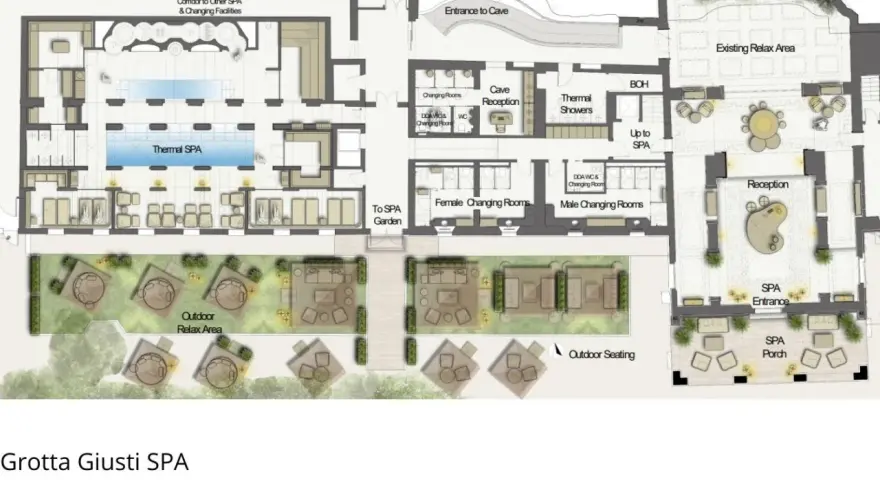 Progetto spa: planimetria con piscina termale, aree relax interne ed esterne, reception e spogliatoi.