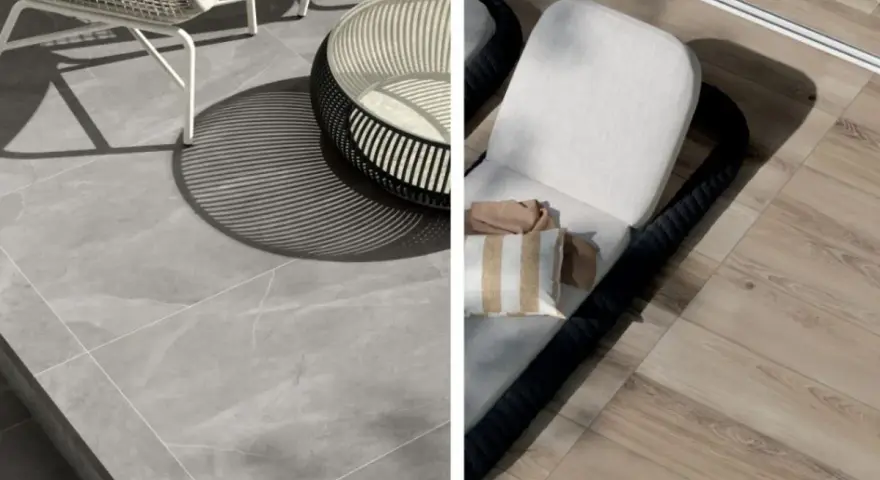 Due diverse opzioni per il miglior pavimento per terrazzo: grigio effetto marmo o effetto legno chiaro.