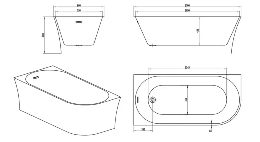 Disegni tecnici di una vasca da bagno freestanding con misure. La vasca da bagno glass ha una forma ovale e bordi curvi.