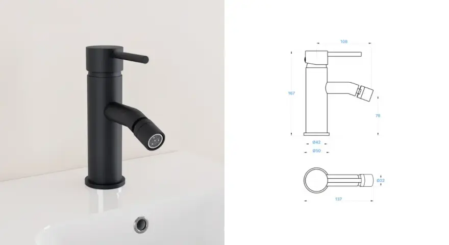 Rubinetto bidet nero opaco, moderno e funzionale, con dettagli tecnici e misure.