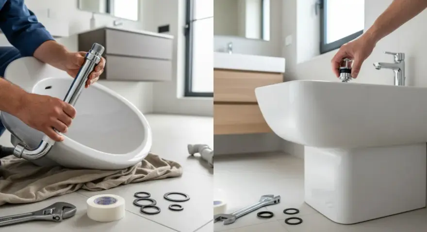 Installazione di un nuovo rubinetto per bidet. Mani che assemblano il pezzo, con attrezzi e guarnizioni a portata di mano.