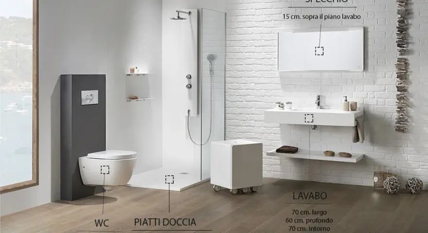 Bagno moderno con WC sospeso (altezza 45 cm), piatto doccia e lavabo (altezza 90 cm).