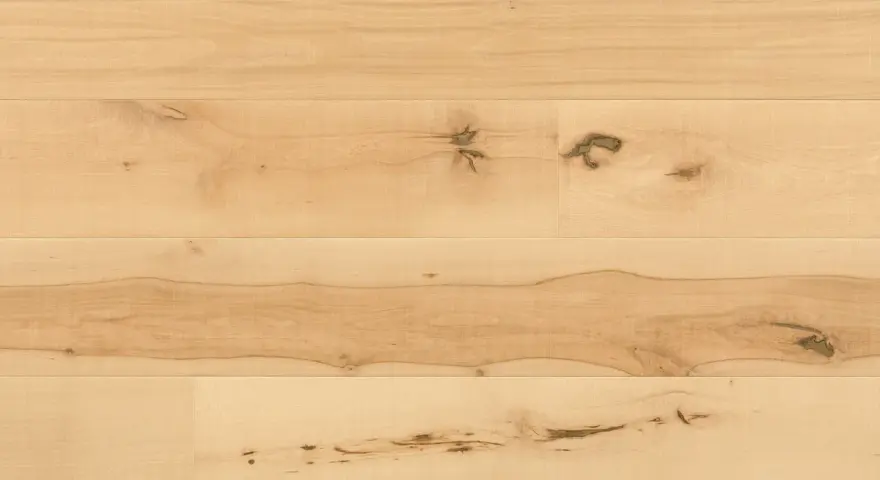 Superficie di parquet faggio naturale con venature evidenti e nodi che raccontano la storia del legno.