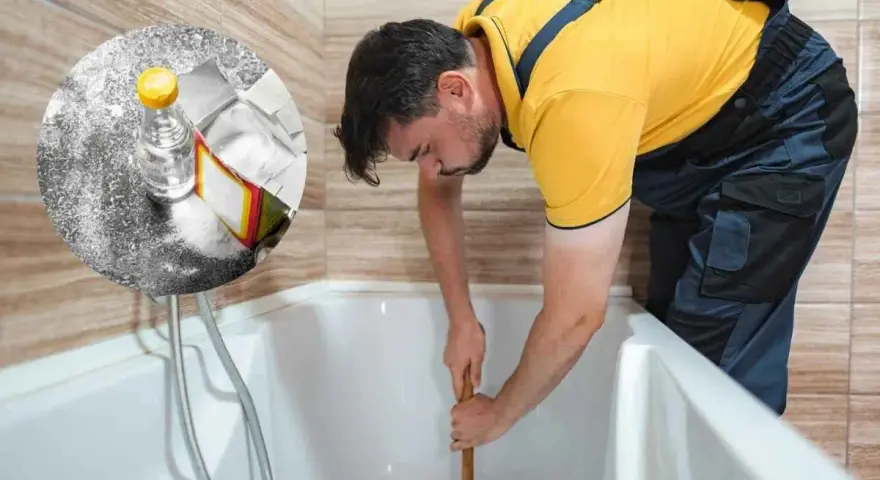 Uomo con sturalavandini prova a sturare la vasca da bagno. In un cerchio, bicarbonato e aceto, rimedi naturali per sturare la vasca da bagno.