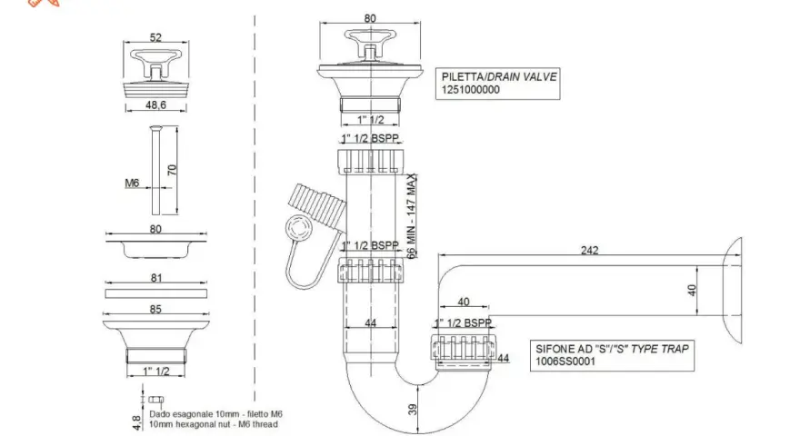 Disegno tecnico di parti di un lavandino: piletta, sifone e dado esagonale.