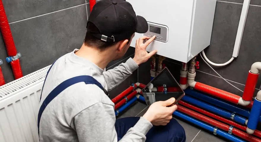 Uomo con tablet e cappellino esegue pulizia impianto riscaldamento fai da te, controllando la caldaia e i tubi colorati.