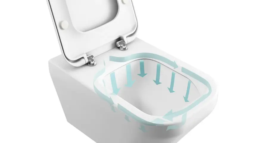 WC con sistema di scarico a turbinio, indicato da frecce azzurre che mostrano il flusso dell'acqua.
