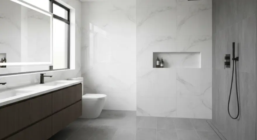 Bagno moderno con doppio lavabo, WC e una spaziosa doccia walking.