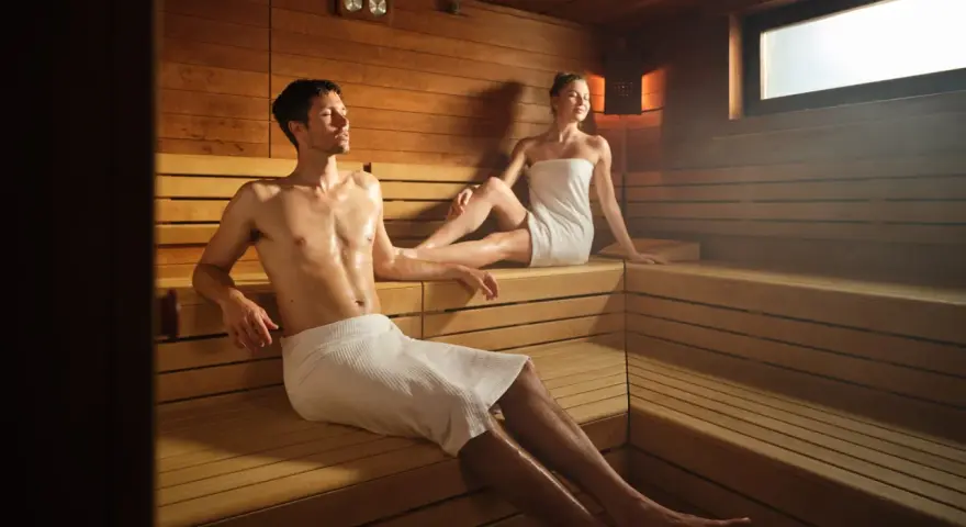 Coppia rilassata in sauna, un ambiente caldo e legnoso. Il calore aiuta a purificare il corpo, e molti credono che fare la sauna fa dimagrire.