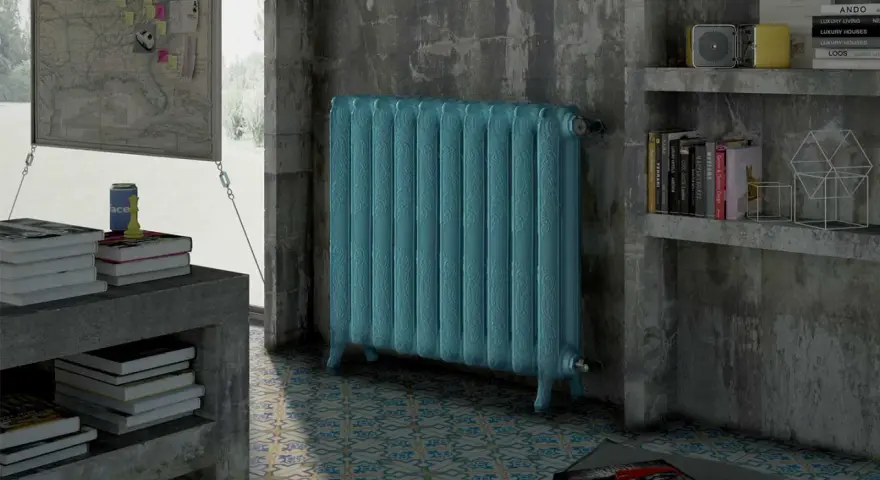 Un elegante termoarredo turchese, con dettagli decorativi, pronto per aprire e chiudere il calore in un ambiente moderno.