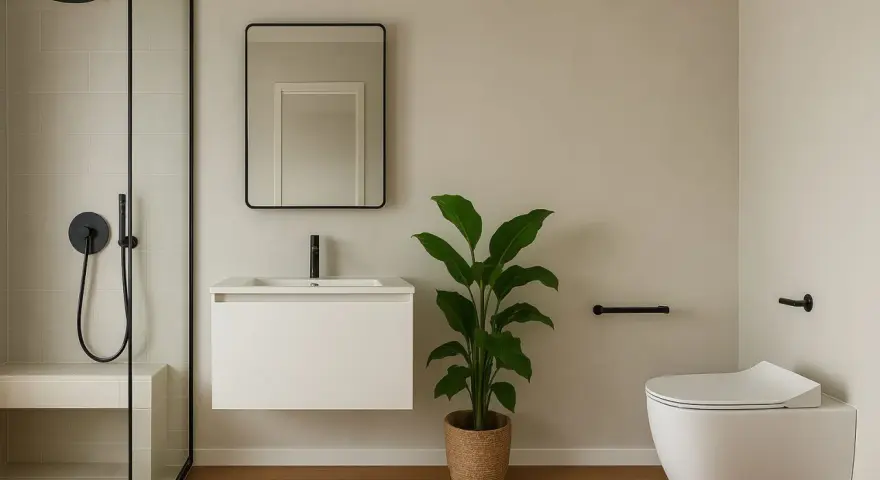 Bagno moderno con doccia, lavabo, specchio e WC. La doccia ha una comoda seduta integrata, ideale per chi cerca idee su come realizzare una seduta nella doccia.