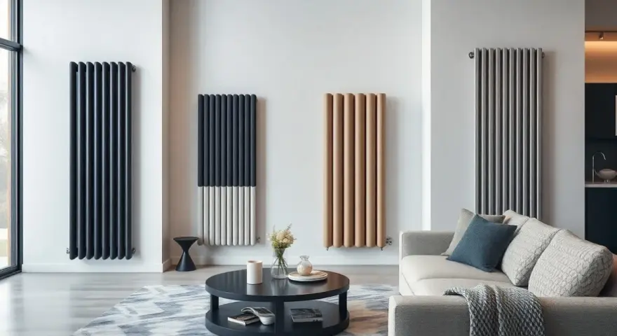 Quattro termosifoni moderni in diverse colorazioni e finiture, ideali per un salotto di design. Scopri i prezzi per rinnovare il tuo ambiente.