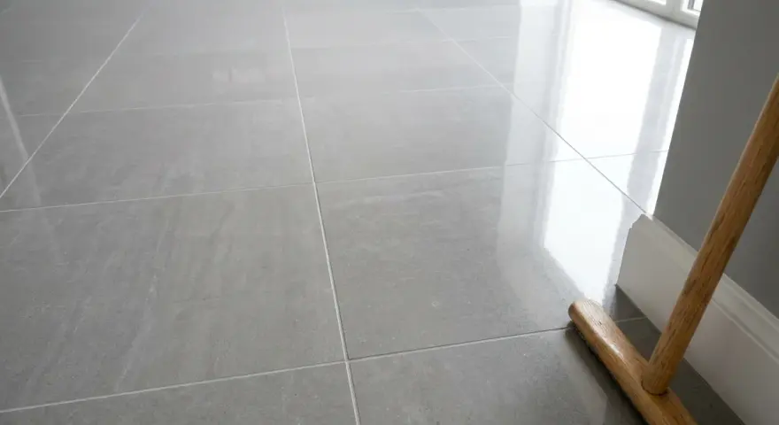 Un pavimento in gres porcellanato lucido, pronto per essere pulito. Scopri come togliere lo stucco dal gres porcellanato per un risultato impeccabile.