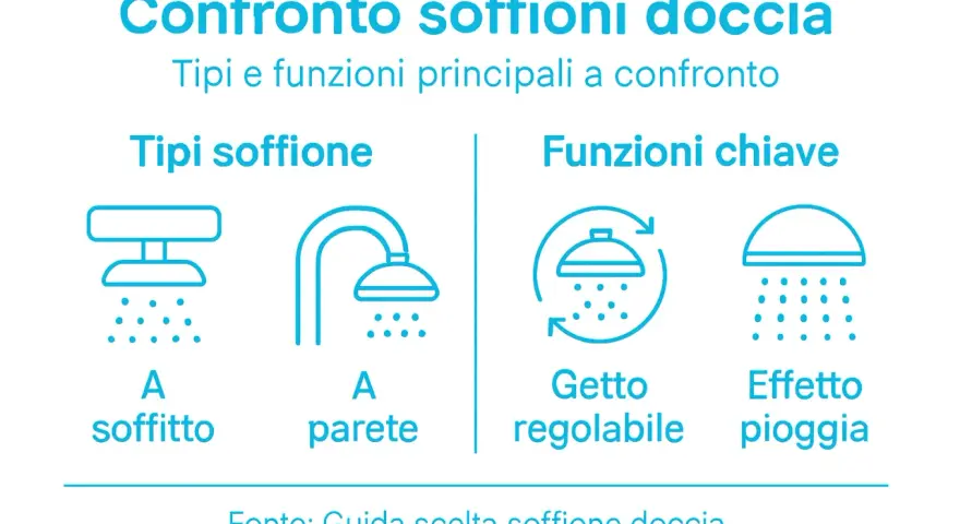 Confronto tipi e funzioni soffioni doccia: a soffitto, a parete, getto regolabile, effetto pioggia. La dimensione soffione doccia varia.