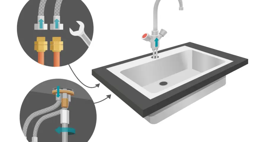 Guida visiva: come montare rubinetto cucina. Collegamento tubi flessibili e fissaggio sotto il lavello.