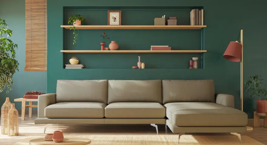 Divano beige davanti a un termosifone, con mensole piene di oggetti decorativi e piante.
