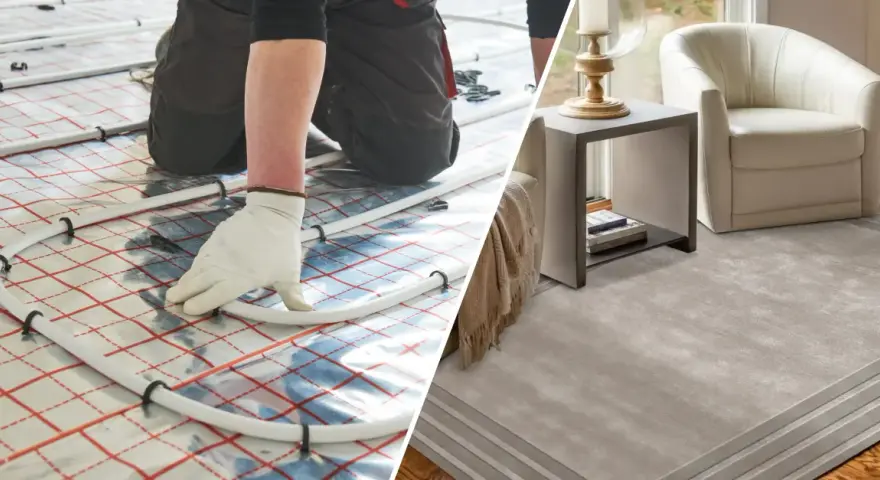 Installazione di tubi per tappeti per riscaldamento a pavimento, che portano calore e comfort in un soggiorno moderno con poltrona e tavolino.