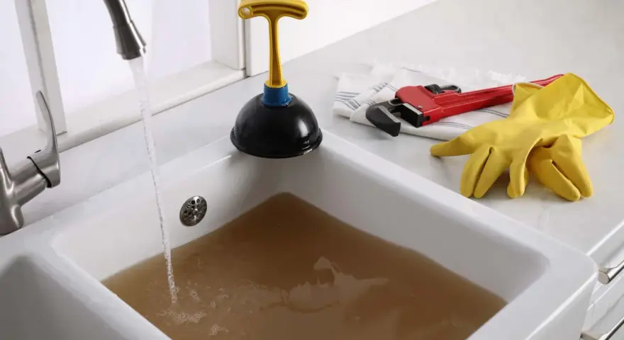 Acqua sporca ristagna in un lavandino bagno otturato. Attrezzi per lo spurgo: sturalavandini, chiave inglese e guanti gialli.