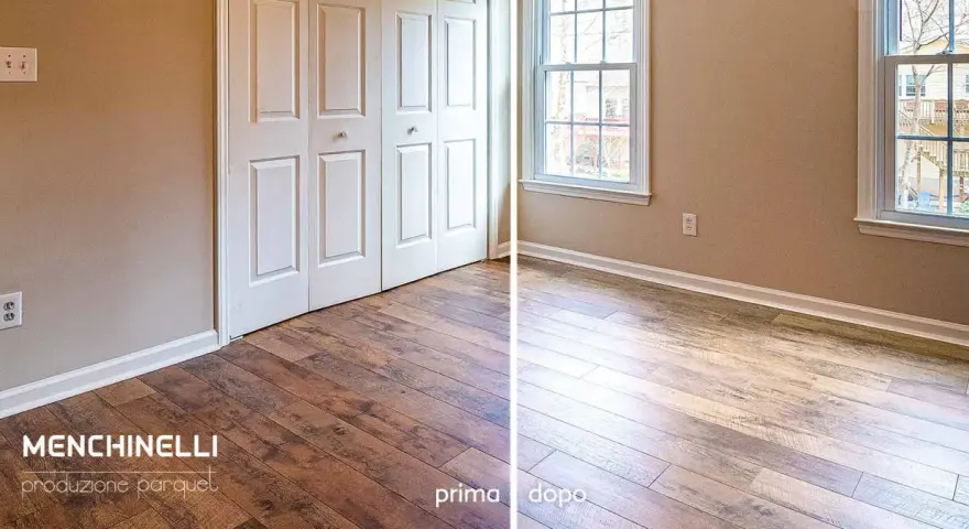 Parquet prima e dopo: un confronto visivo che mostra l'effetto dell'ossidazione sul legno, trasformando il colore e la texture.