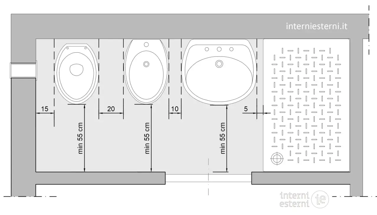 Schema con le dimensioni tazza wc, bidet e lavabo. Indicazioni di spazio minimo (55 cm) per un uso confortevole.