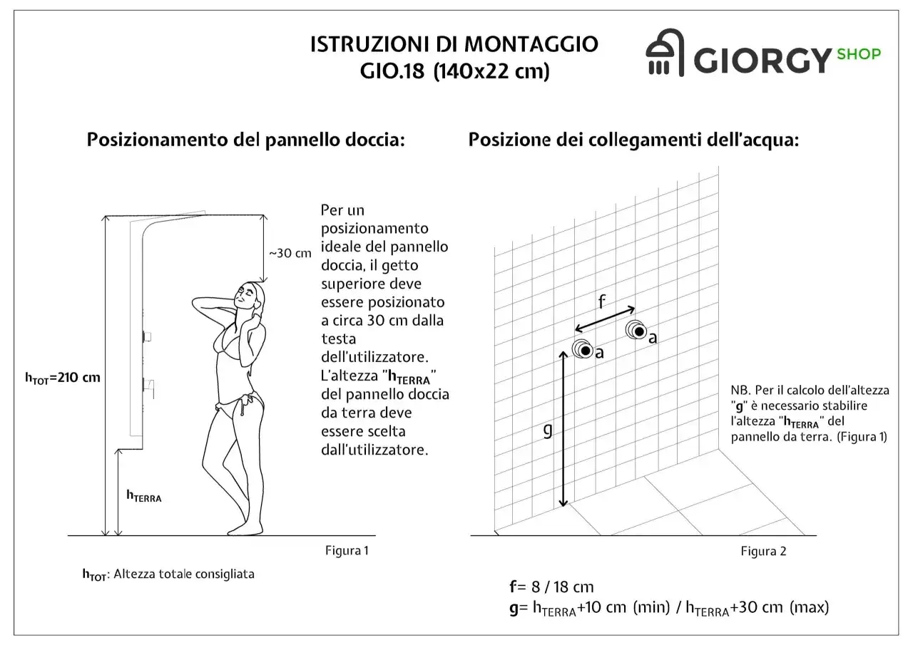 Istruzioni per il montaggio colonna doccia: posizionamento ideale del getto a 30 cm dalla testa. Calcolo altezza pannello da terra.