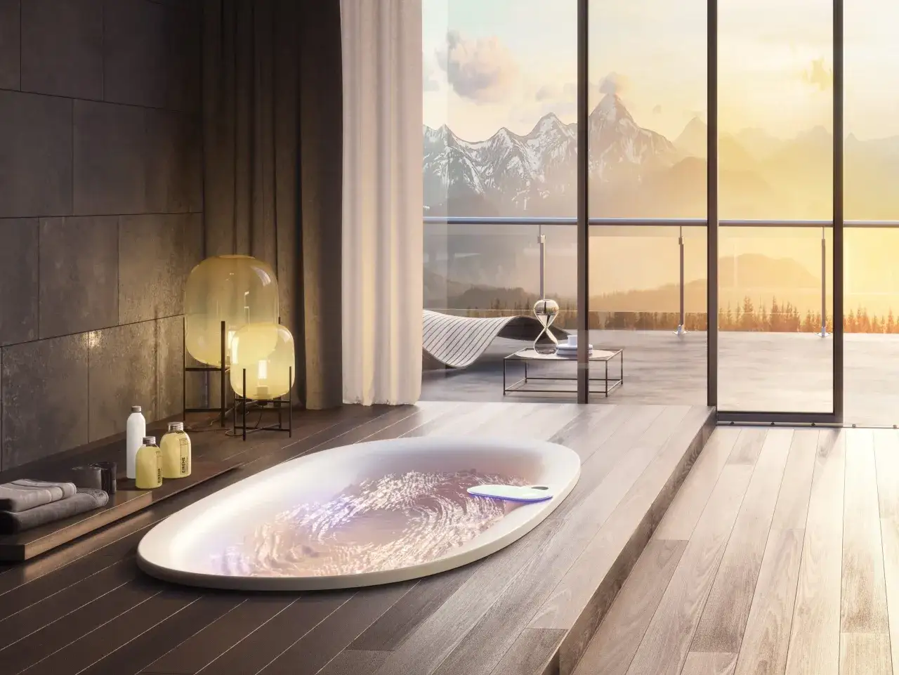 Vasca da bagno moderna con vista sulle montagne, ideale per godere dei benefici idromassaggio in un ambiente di lusso.