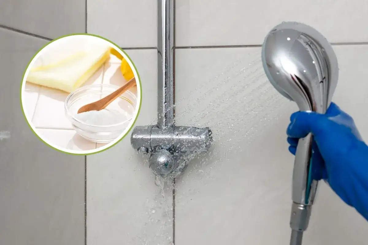 Guida su come pulire il tubo flessibile della doccia con bicarbonato e limone. Un guanto blu tiene il soffione mentre l'acqua scorre.