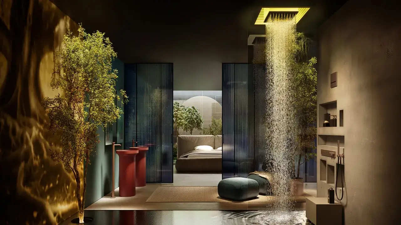 Bagno di lusso con doccia emozionale, alberi e vista su una camera da letto.