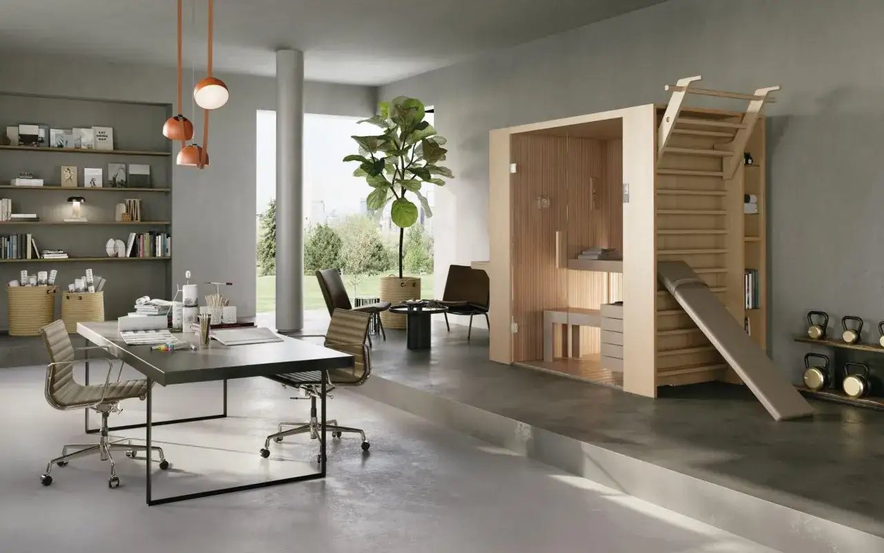 Spazio multifunzionale con scrivania, palestra e sauna. Ideale per una doccia dopo allenamento rigenerante.