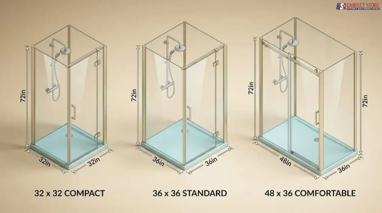 Confronto dimensioni box doccia: 32x32 compatto, 36x36 standard, 48x36 comodo. Tutti alti 72 pollici.