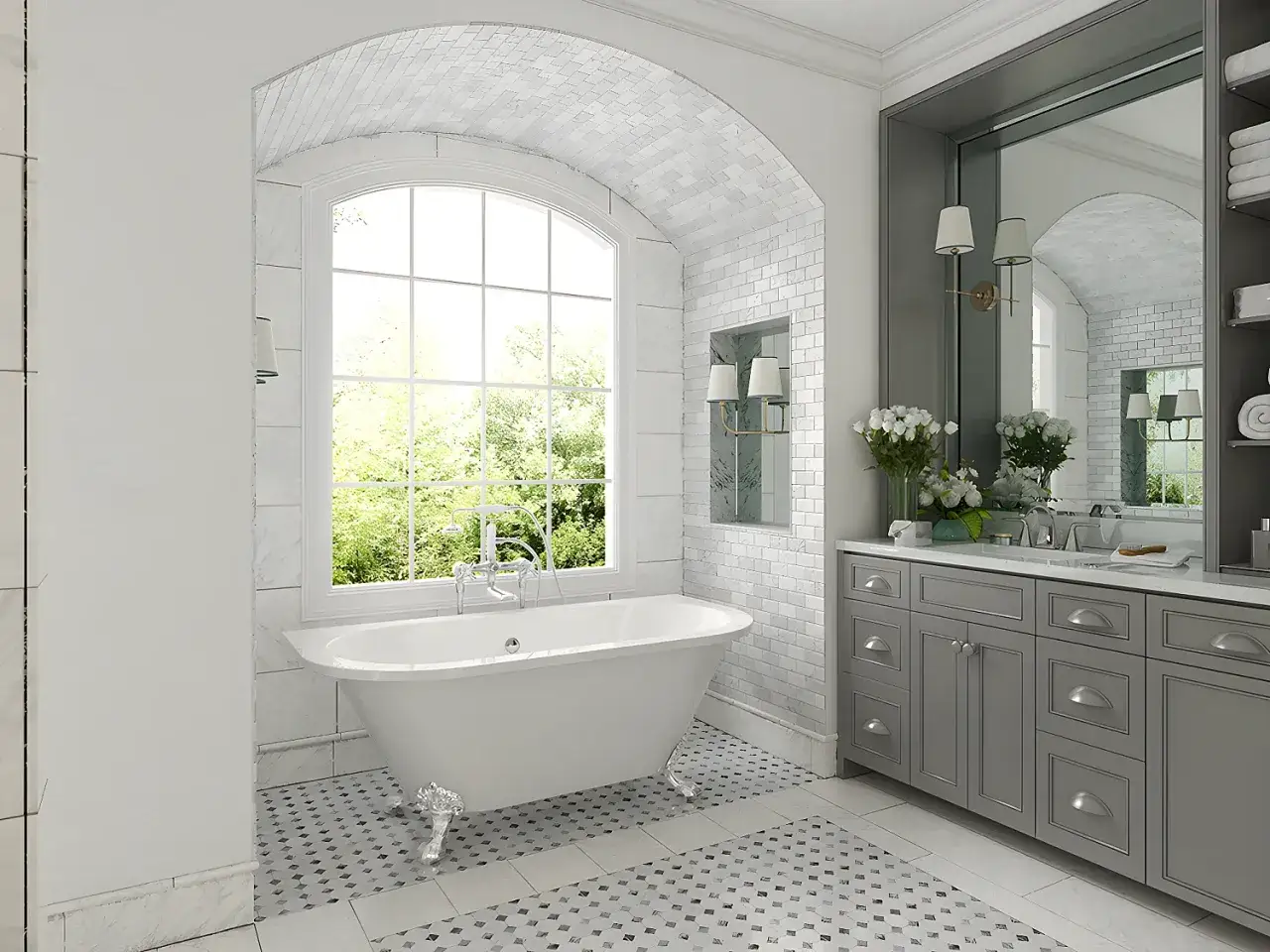 Elegante bagno con installazione vasca da bagno freestanding sotto un grande arco finestrato. Arredo moderno e raffinato.