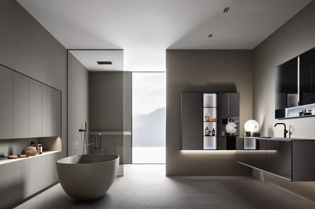 Bagno moderno con vasca da bagno freestanding e armadi a muro. La vasca da bagno glass è il fulcro, circondata da un design minimalista.
