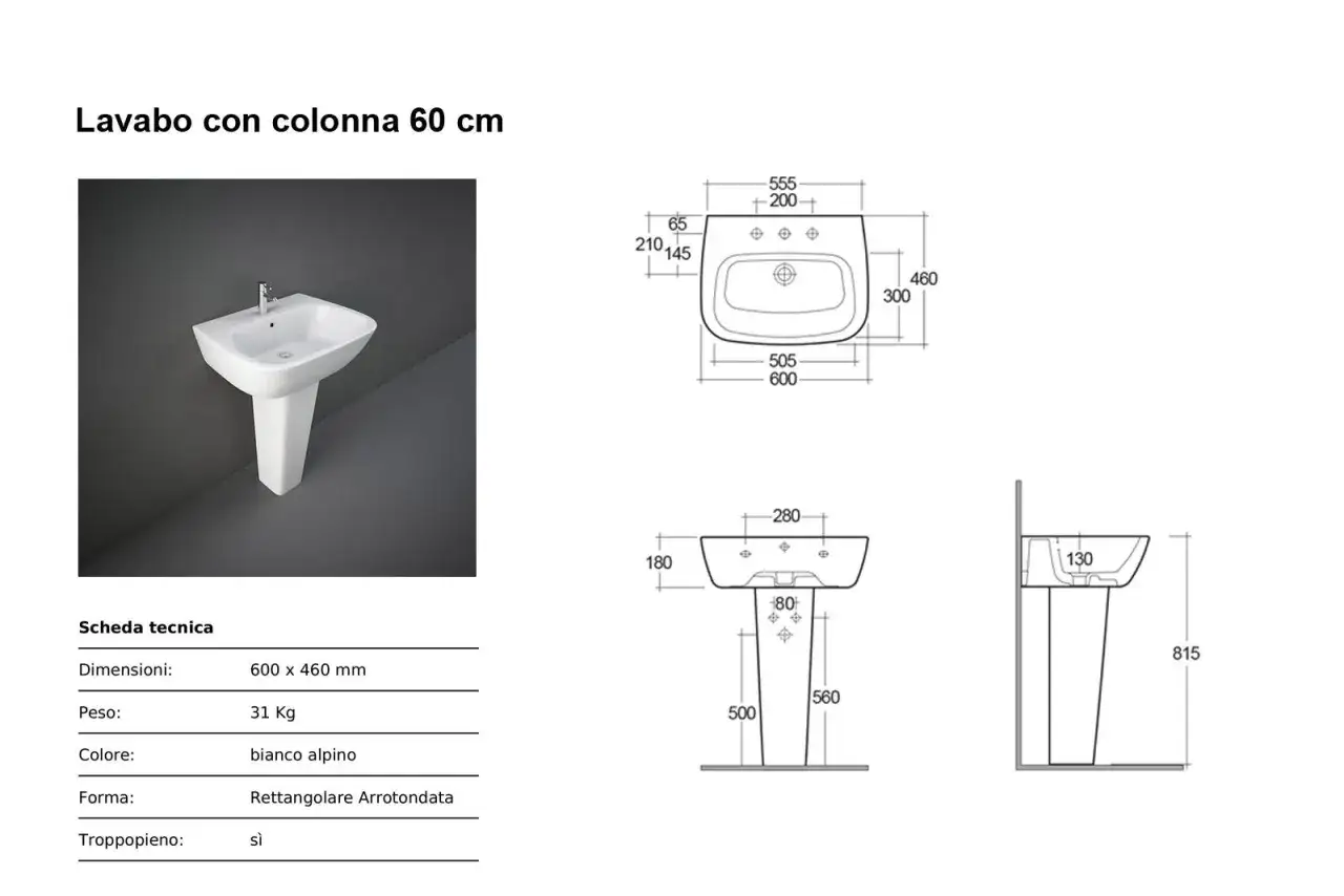 Lavabo bianco con colonna, altezza lavabo da terra 815 mm. Dimensioni 600x460 mm.