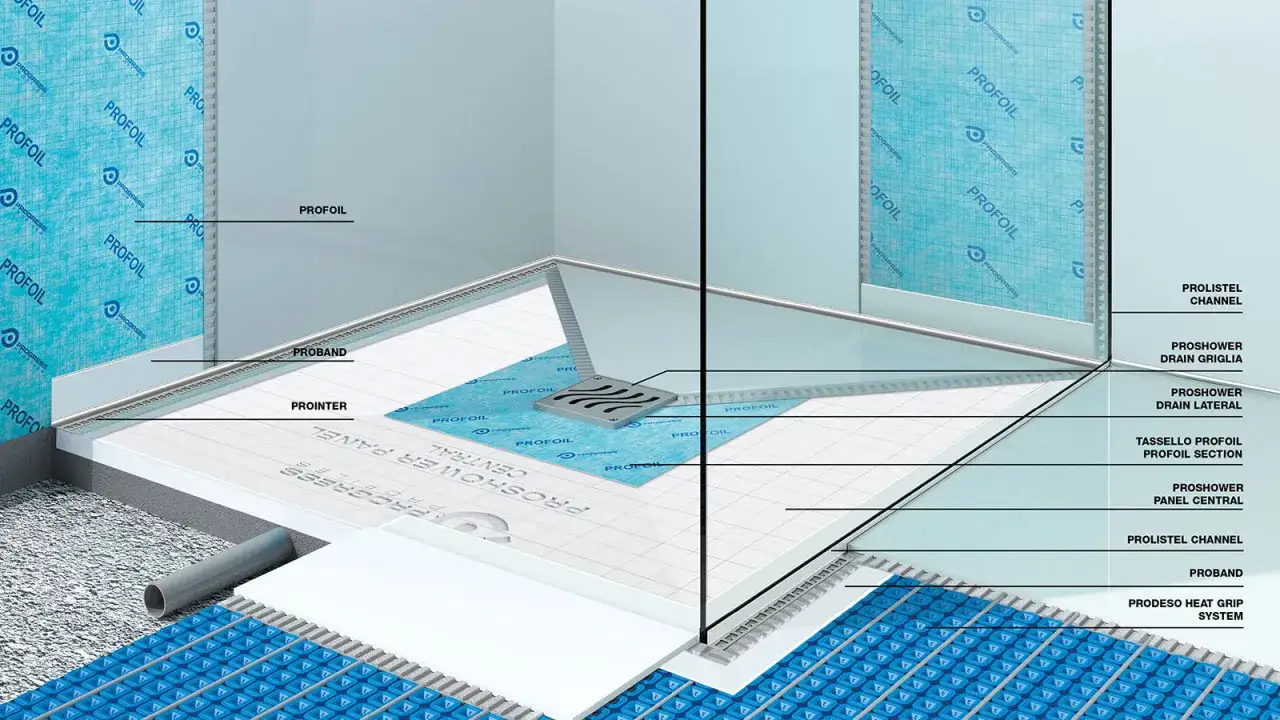 Dettaglio tecnico di una doccia a filo pavimento con pendenza creata da pannelli e sistema di drenaggio.