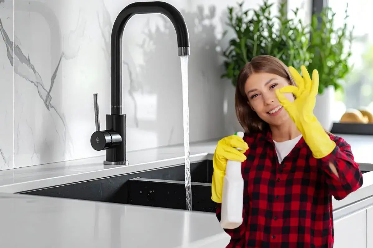 Donna con guanti gialli e spray, fa ok vicino a rubinetti neri che non si rovinano con la pulizia.