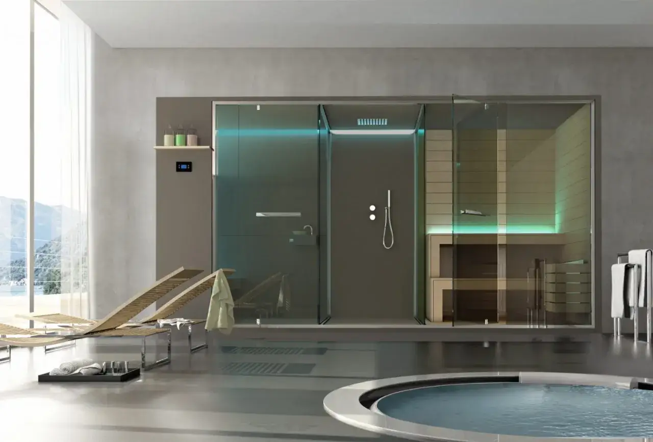 Un'oasi di relax con doccia, sauna e vasca idromassaggio per un vero spa in casa.
