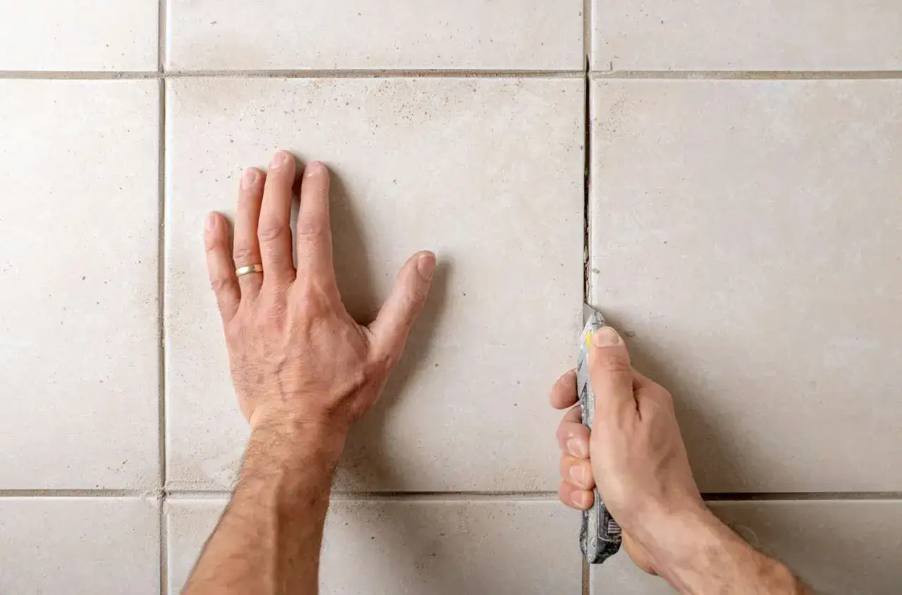 Mano che usa un taglierino per rimuovere lo stucco dalle piastrelle.
