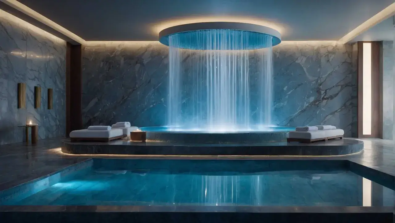Un'oasi di relax: cascata d'acqua illuminata, piscine blu intenso e lettini invitanti. Un perfetto progetto spa per rigenerarsi.